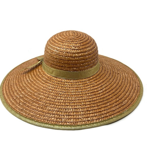 Vintage Wide Brim Straw Hat | Metallic Gold Ribbon Trim Sun Hat | Boho Resort - Picture 3 of 9